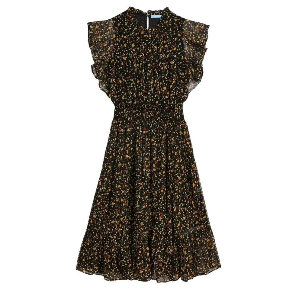 Draper James Black Midi Dress with Yellow & Orange Floral Print